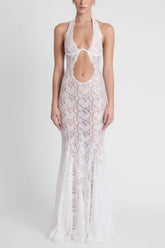 Solange White Halterneck Floral Lace Maxi Dress