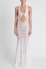 Solange White Halterneck Floral Lace Maxi Dress