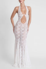 Solange White Halterneck Floral Lace Maxi Dress
