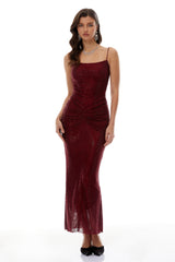 Sara Burgundy Rhinestone Ruched Maxi Gown