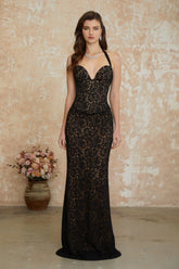 Sofia Black Floral Lace Corset Maxi Gown
