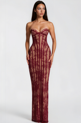 Urszula Red Floral Lace Corset Maxi Dress