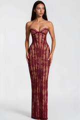 Urszula Red Floral Lace Corset Maxi Dress