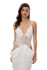 Viktoria White Semi-Sheer Lace Panel Maxi Dress