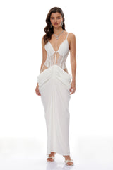 Viktoria White Semi-Sheer Lace Panel Maxi Dress