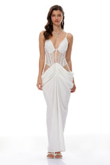 Viktoria White Semi-Sheer Lace Panel Maxi Dress