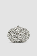 Crystal-Embellished Oval Clutch with All-Over Stone Finish – Silver