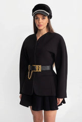 Belt with Keyhole Buckle and Chain Detail – Black