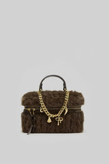 Faux Fur Top-Handle Bag with Decorative Chain – Brown