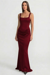 Corset Maxi Dress with Draped Hip Detail – Burgundy