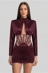 Satin Mini Dress with Lace Corset Insert – Burgundy