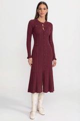 Knit Button-Front Midi Dress with Pointelle Detailing – Burgundy