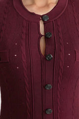 Knit Button-Front Midi Dress with Pointelle Detailing – Burgundy