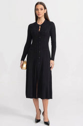 Knit Button-Front Midi Dress with Pointelle Detailing – Black