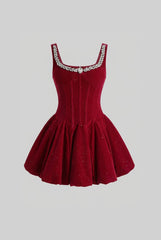Velvet Corset Mini Dress with Crystal-Embellished Neckline – Burgundy