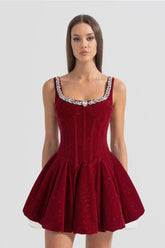 Velvet Corset Mini Dress with Crystal-Embellished Neckline – Burgundy