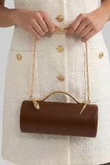 Structured Clutch Bag with Snake Handle And Gold Chain – Brown