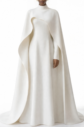Antonina White Cape Maxi Gown with Long Sleeves