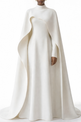 Antonina White Cape Maxi Gown with Long Sleeves
