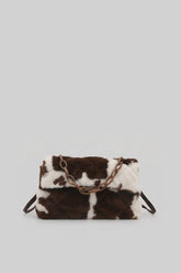 Faux Fur Chain-Handle Mini Bag with Quilted Texture – Brown & White