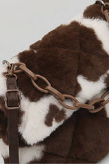 Faux Fur Chain-Handle Mini Bag with Quilted Texture – Brown & White