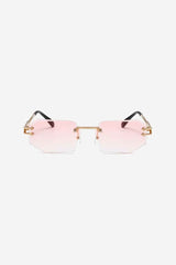 Rimless Geometric Sunglasses with Textured Gold Chain Temples – Pink