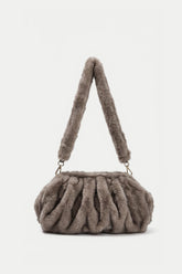 Faux Fur Shoulder Bag with Ruched Design – Khaki