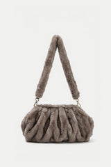 Faux Fur Shoulder Bag with Ruched Design – Khaki