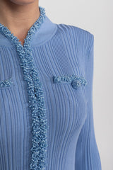 Ribbed Knit Mini Dress With Beaded Trim Detailing - Blue