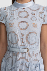 Floral Lace Midi Dress with Belted Waist – Light Blue