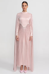 Long Sleeve Maxi Dress With Draped Overlay And Crystal Waist Trim - Blush Pink