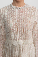 Lace Mini Dress With High Neckline And Pleated Skirt - Ivoire