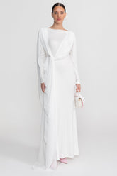 Draped Long Sleeve Maxi Dress With Cape Overlay With Knot Front Detail - White