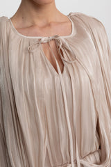 Draped Long Sleeve Mini Dress With Batwing Sleeves - Champagne