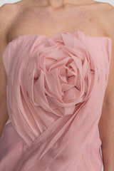 Strapless Mini Dress With Draped Bodice And 3D Rose Appliqués - Blush Pink