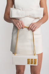 Structured Chain Shoulder Bag With Gold Embossed Plaques - White