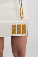 Structured Chain Shoulder Bag With Gold Embossed Plaques - White