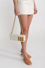 Structured Chain Shoulder Bag With Gold Embossed Plaques - White