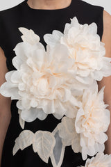 Sleeveless Mini Dress With Round Neckline And 3D Floral Appliqué - Black