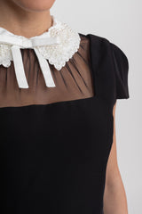 Cap Sleeve Midi Dress With Lace Collar Tie Detail - Black