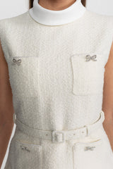 Sleeveless Textured Midi Dress with Pleated Chiffon Skirt – Ivoire