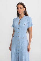 Knit Button-Front Midi Dress with Scalloped Sleeves – Baby Blue