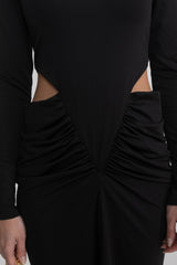 High Neck Maxi Dress With Long Sleeves And Waist Cut-Out Detail - Black