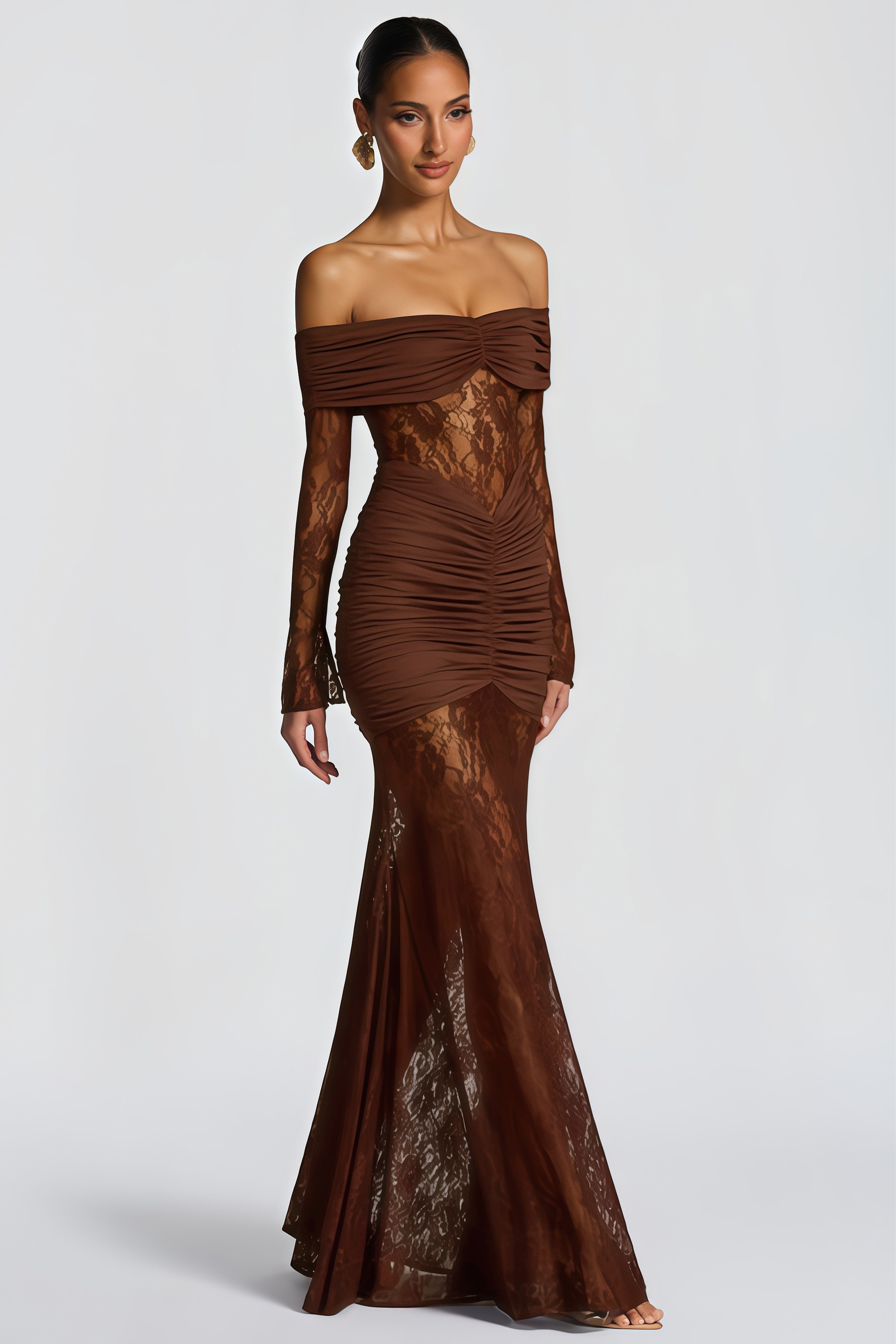 Brigitte Brown Lace Panel Ruched Maxi Dress