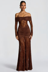 Brigitte Brown Lace Panel Ruched Maxi Dress