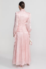 Ruched Long Sleeve Maxi Dress With Pleated Skirt - Blush Pink