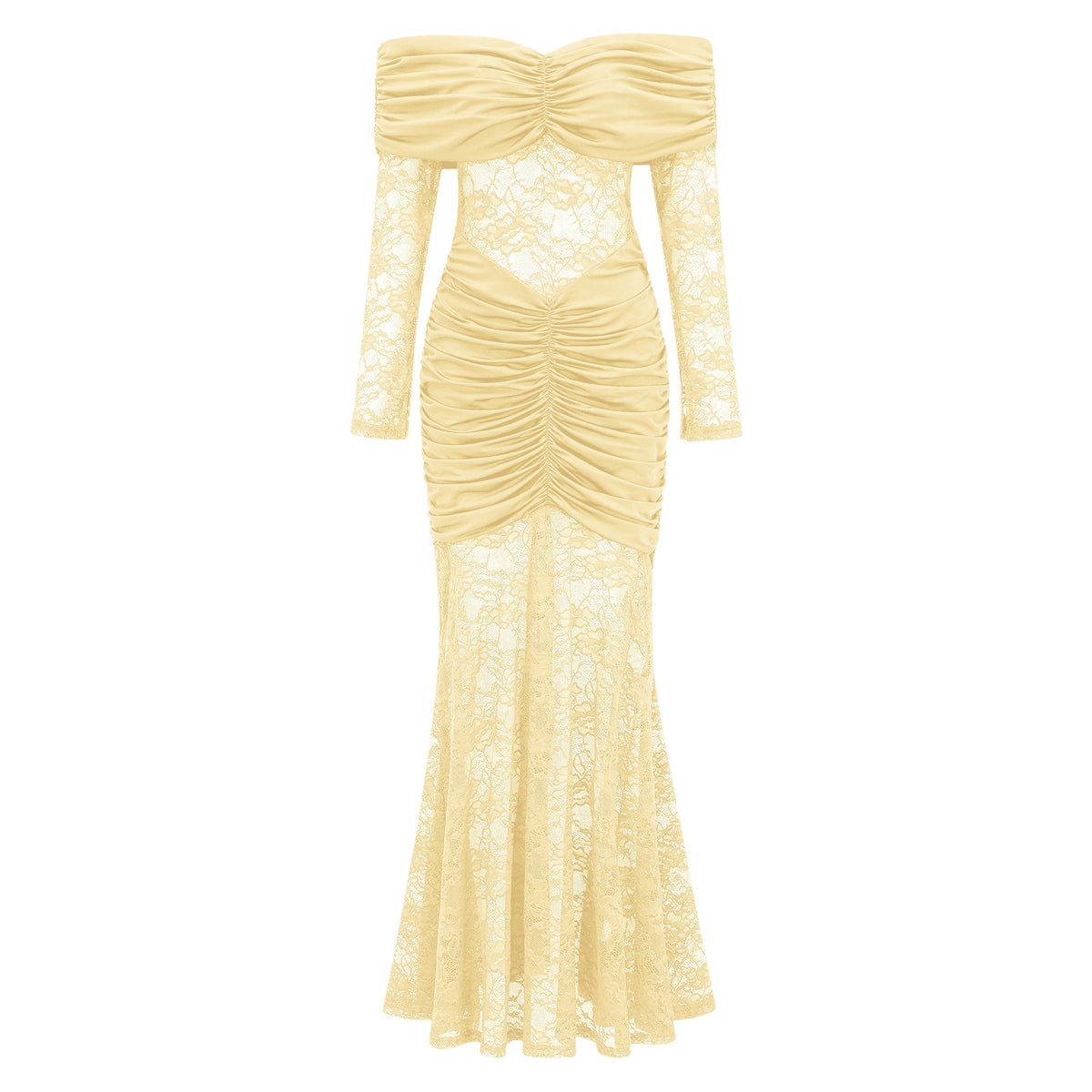 Brigitte Yellow Lace Panel Ruched Maxi Dress