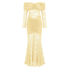 Brigitte Yellow Lace Panel Ruched Maxi Dress