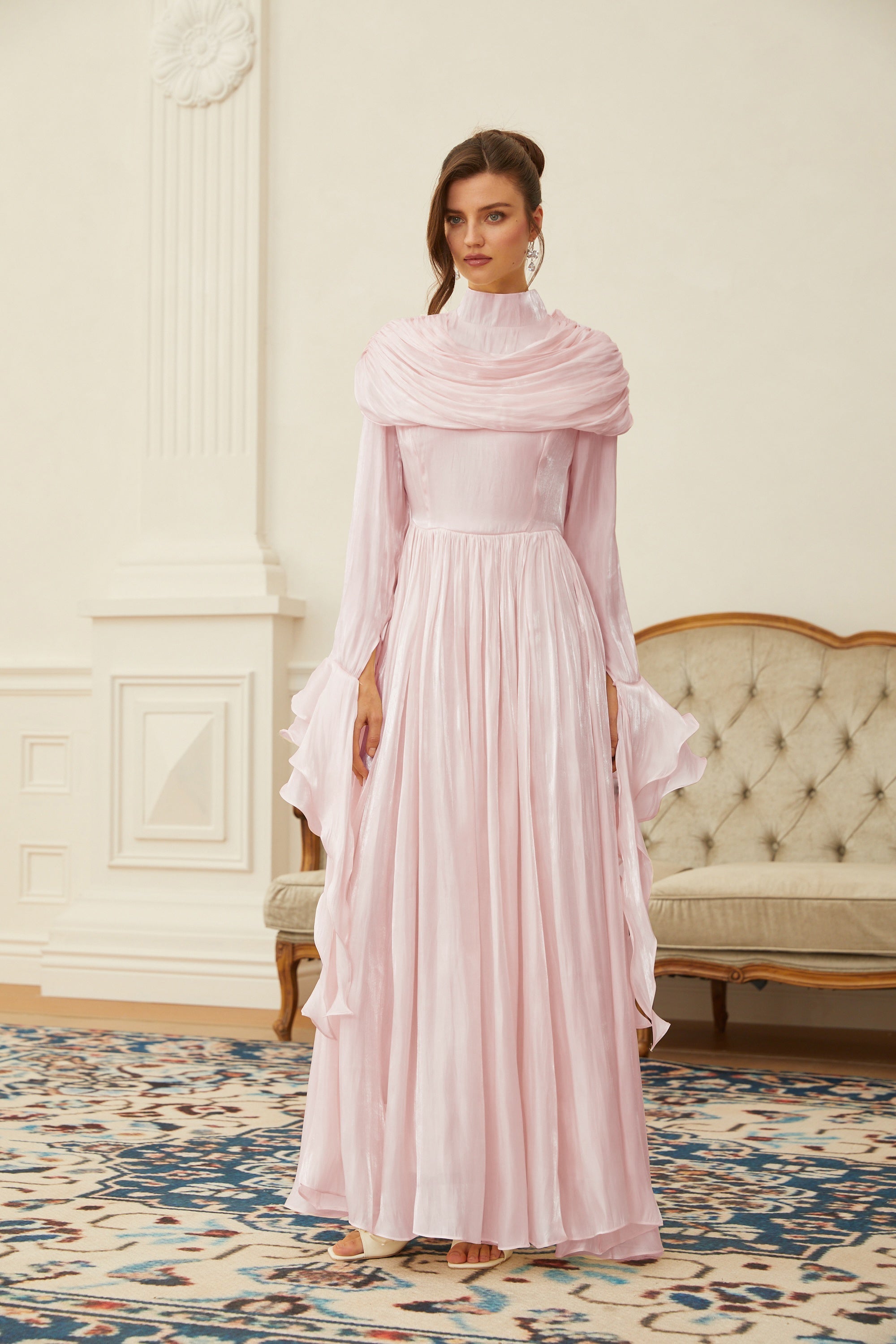 Danuta Pink Ruched Pleated Maxi Dress