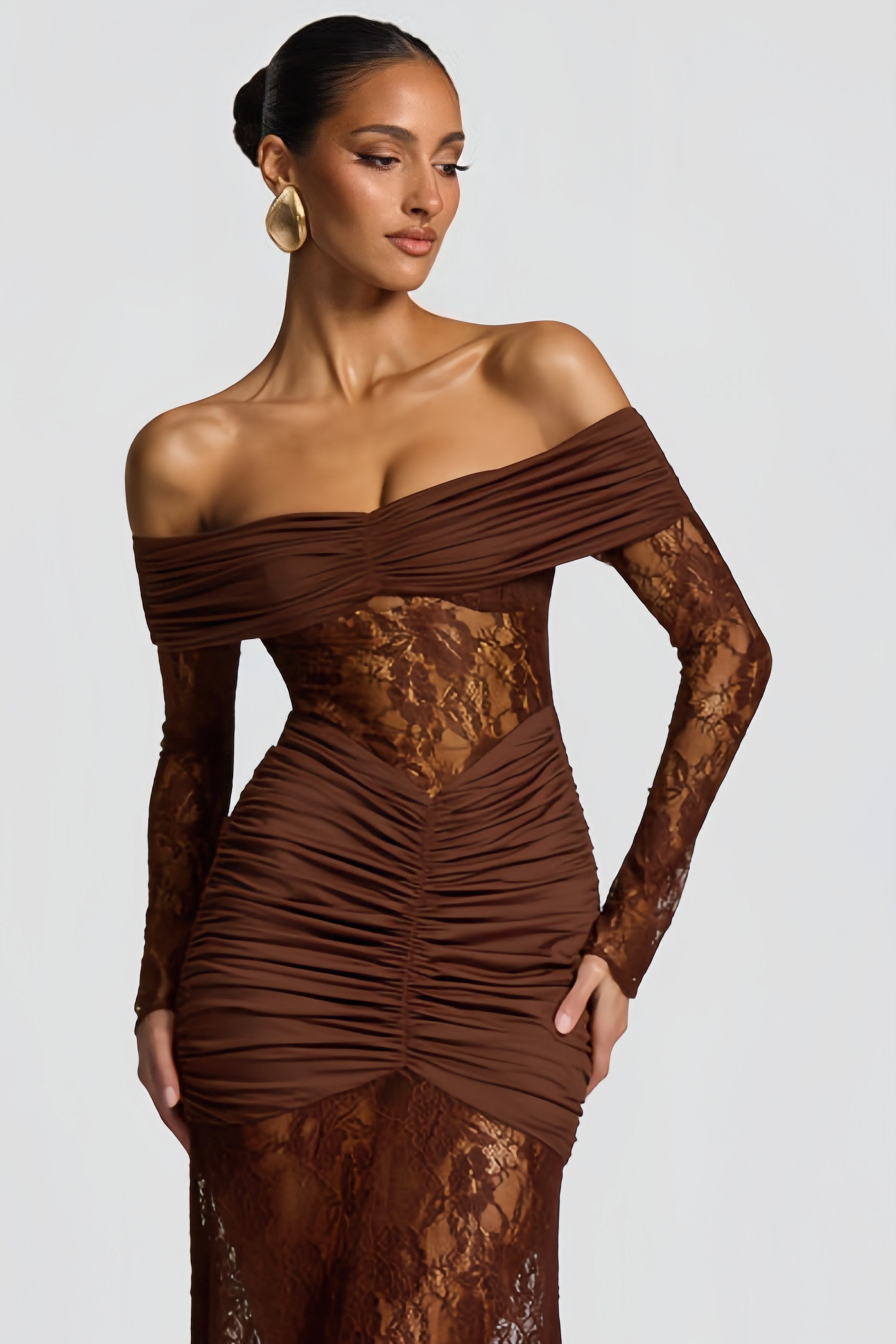 Brigitte Brown Lace Panel Ruched Maxi Dress